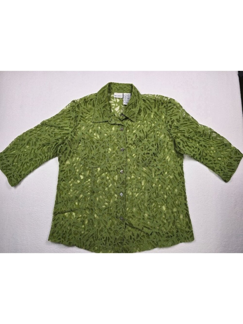 Womens Green Sheer Floral Leaf Pattern Button-Up Blouse Size L White Stag